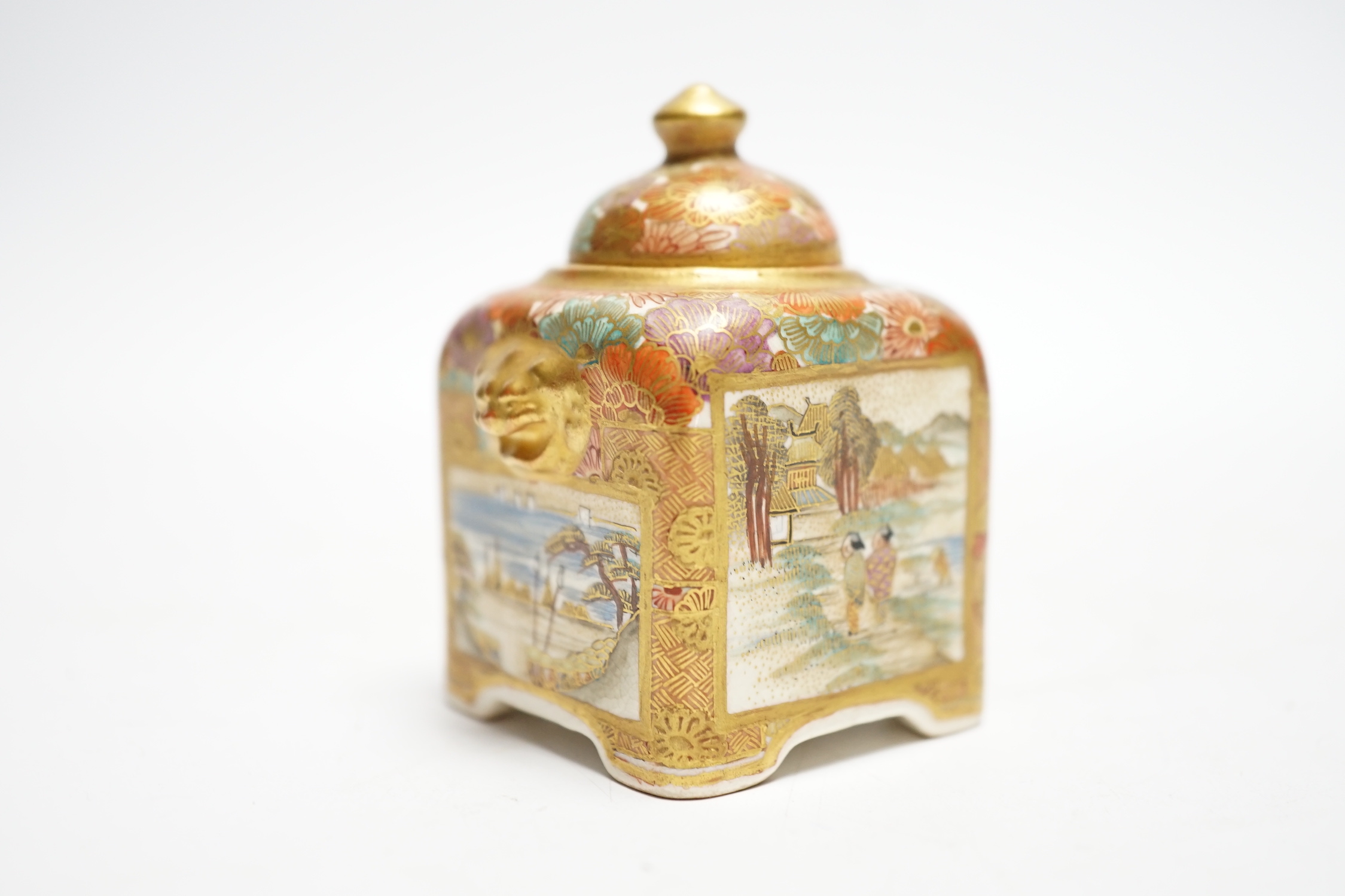 An early 20th century Japanese Satsuma pottery miniature square pot and cover, signed Kinkozan, 6.5cm high